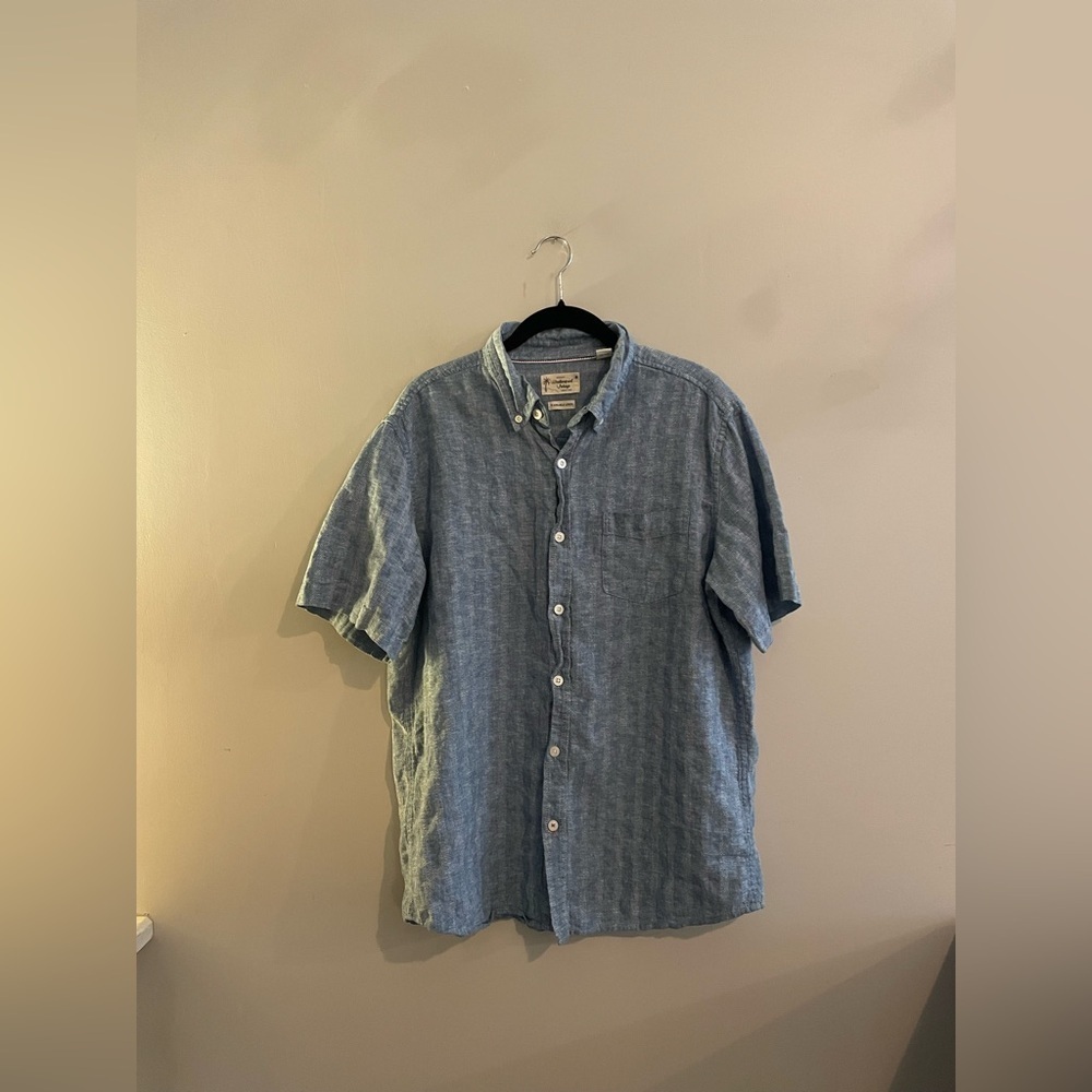 Weatherproof Vintage Blue Washable Linen Stripped Short Sleeve Button Down